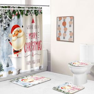 4 Pcs poup&eacute;e de No&euml;l Rideau de Douche Ensemble avec anti-D&eacute;rapant Tapis, Toilette d'un Couvercle et Tapis de Bain, No&euml;l poup&eacute;e de No&euml;l Rideaux de Douche avec 12 Crochets, No&euml;l Rideau de Douche Sets - Neuf