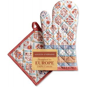 PATB-Romane Set de Gants de Four 100% Coton (19cm x 33cm) et manique (20cm x 20cm) pour Barbecue, Cuisine, pâtisserie, Micro-Ondes, Barbecue, Thanksgiving, Noel - Neuf