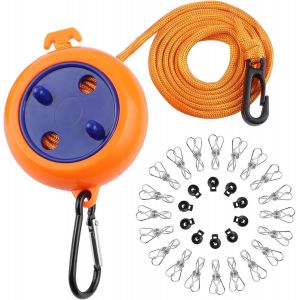 KALANKA-Corde &agrave; Linge Voyage, Corde &agrave; Linge de R&eacute;tractable, avec 10 Boucles de Maintien et 20 Pinces &agrave; Linge, 10m, pour Salle De Bain, Camping, Buanderie, Jardin Ou Voyage - Neuf