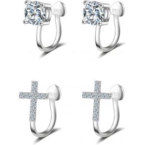 Kalhx-2 Paires Argent 925 Boucles D'oreilles Clips Pour Femme Fille Enfant Homme Boucles D'oreilles Non Percées Clip Boucles D Oreilles Croix Diamant Boucles D'oreilles À Clips Sans Perçage - Neuf