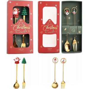 4pcs Cuill&egrave;res De No&euml;l,Cuill&egrave;re &Agrave; Caf&eacute; De No&euml;l,Couverts De Table En Acier Inoxydable Petite Cuill&egrave;re &Agrave; Caf&eacute; No&euml;l Fourchette &Agrave; D&icirc;neravec Bo&icirc;te Cadeau Pour Caf&eacute; Dessert Cr&egrave;me Glac&eacute;e - Neuf
