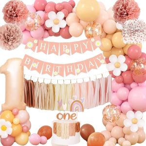 Decoration Anniversaire 1 An, Ballon 1 Fille, Joyeux Anniversaire Decoration, Ballons Roses R&iquest;&iquest;tro 1 An Avec Banderole - Neuf