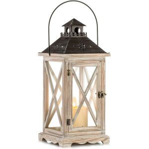 Lanterne Bougie Bois Grande - 48Cm Lanterne Exterieur Decorative Bougeoir Vintage Decoration Shabby Chic Mariage Intérieure Table Maison Jardin Noel, Ecru - Neuf