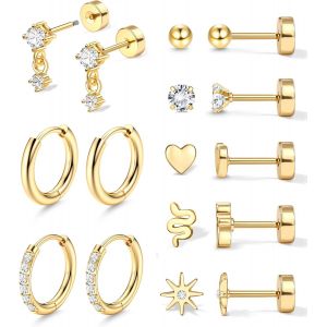 Kal-8 Paires Boucles D'oreilles Femme Acier Inoxydable Boucle D'oreille Femme Or 18 Carats Piercing Oreille Tragus, Boucles D Oreilles Cr&eacute;oles Cartilage Helix Piercing Oreille Homme,Or/Argent - Neuf