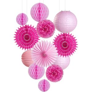 Eryi-Lot De 12 Lampions En Papier, Pompons En Papier De Soie, Boules En Nid D'abeille, Éventails En Papier Pour Décoration D'anniversaire Fille, Fête Prénatale, Saint-Valentin - Neuf