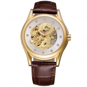 Montre-Bracelet Mecanique Creuse Etanche Forsining Pour Homme (Cadran Blanc, Boitier Dore, Bracelet Marron) - Neuf