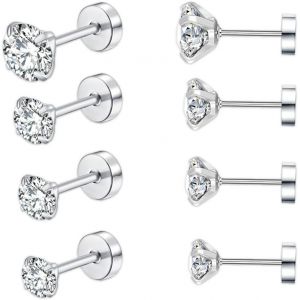 4 Pairs Sterling Silver 925 Cubic Zirconia Stud Earrings Women Girls Men Round Hypoallergenic Cartilage Huggies Set Diameter 2/3/4/5mm - Neuf