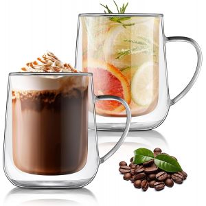 2x400ml Tasse À Café Double Paroi Avec Poignée,Verres À Biere,Mug Xxl Transparent,Tasse Isotherme,Résistant À La Chaleur En Verre Borosilicaté Thermiques Pour Latte Macchiato,Cappuccino,Thé,Jus - Neuf