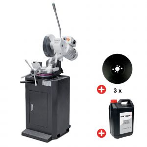 Pack Tron&ccedil;onneuse m&eacute;tal acier inox 0,75/1,5 kW 400 V 3 lames circulaires &oslash;315 mm 19/38 tr/min avec pompe + socle et 5L liquide de refroidissement Optisaw CS315 PACK - Neuf