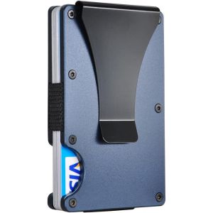 Portefeuille fin et simple en métal RFID avec pince à billets ¿ Organiseur de portefeuille en aluminium pour porte-cartes de crédit pour hommes et femmes (bleu marine) - Neuf