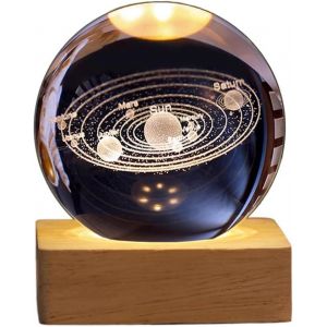 Boule De Cristal Usb 3d Avec Socle En Bois Système Solaire 3d Avec Led, Décoration De Table, Planète, Veilleuse, Cadeau D'anniversaire, Décoration De Fête (Système Solaire Avec Socle Carré - Neuf