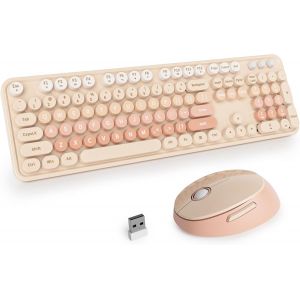 Ensemble clavier et souris sans fil, clavier d'ordinateur r&eacute;tro pour machine &agrave; &eacute;crire, clavier d'ordinateur rond 2,4 GHz avec pav&eacute; num&eacute;rique, 104 touches, clavier kawaii ergonomique pleine - Neuf