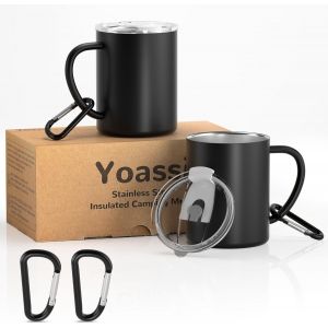 Eryi-2 Pcs 400ml Mug Isotherme Café En Acier Inox,Tasse Thermos À Double Paroi Avec Couvercle Hermétique Et 2 Mousquetons,Mug À Emporter Sans Bpa Pour Camping,Randonnée,Voyage,Pique-Nique,Sport Etc. - Neuf