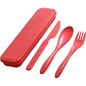 Kalanka-Ensemble De Couverts De Voyage Avec Étui, Ustensiles Portables Réutilisables Fourchette En Plastique Couteau Cuillère Pour Camping Pique-Nique Travail École Utilisation Quotidienne (Rouge) - Neuf