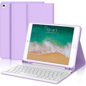 Coque Clavier Pour Ipad 6/5 Eme Generation/Pro 9.7/Air 2/Air 1 9.7"", Étui Keyboard Azerty Français Layout Sans Fil Bluetooth Amovible Avec Porte Crayon Pour Ipad 9.7 2018, Violet Clair - Neuf