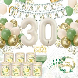 Letnerny-Décoration Anniversaire 30 Ans Vert Or - Ballons, Lanterne, Bougies, Eucalyptus, Serviettes, Bannière Joyeux Anniversaire Pour Femme Et Homme - Neuf