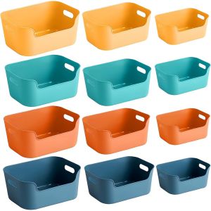 Panier De Rangement,12 Pièces Boite De Rangement Plastique Empilables Avec Poignées,Pour Cuisine,Salle De Bain,Placard,Étagère Douche,Jouet Bebe - Neuf