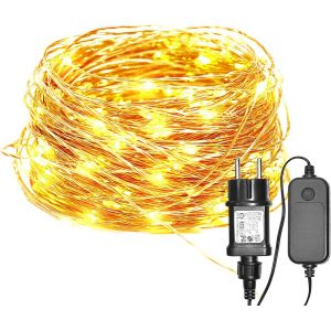 Kal-Guirlande Lumineuse Exterieure 22m, 220 Led 8 Modes, Étanche Blanc Chaud Fil De Cuivre Avec Adapteur Alimentation, 24v, Pour Décoration Extérieur Intérieur,Fête,Jardin,Maison, Noël, Mariage - Neuf