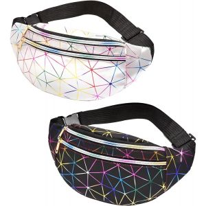 KALANKA-2 Pièces Sac Banane Femme Chic Sacoche Banane Ville Unisexe à Effet Holographique Sac Banane Brillant Sacs Banane Ville Sacoche Ceinture Homme pour Randonnée,Sport,Voyage,Camping (Noir/Argent - Neuf