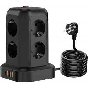 Multiprise 8 prises avec interrupteur, multiprise, prise USB C, protection contre les surtensions, multiprise avec c&acirc;ble d'extension de 2 m, tour de prise pour la maison, le bureau - Neuf