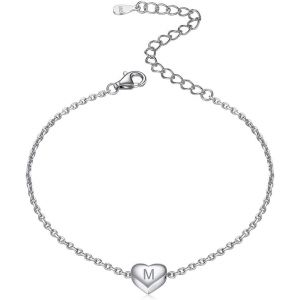 Women's Silver Chain Bracelets With Heart Charm Engraved Initial A-Z Letters - Women's Elegant Jewellery - Adjustable Curb Chain 16 To 21 Cm - Women's Birthday Gift For Mum Daughter - Neuf