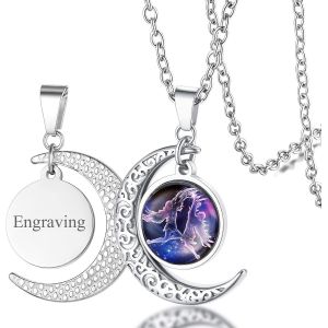 Kal-Collier Signe Astrologique Femme,Pendentif Demi Lune Style Zodiaque Or/Acier Inoxydable Avec Chaîne 50+5 Cm,Bijoux Horoscope Porte Bonheur Cadeau Anniversaire Pour Femmes Enfant Fille - Neuf