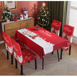 (C)Nappe de Noël Président de Couverture,1 Nappe et 4 Housses de Chaise,de Noël, Ensemble de salle à Manger,Stretch Amovible, Lavable,Imperméable à l'eau Résistant à l'Huile Couvre Décor - Neuf