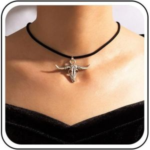 Kal-Boho Noir Velours Collier Ras Du Cou Argent T&ecirc;te De B?uf Pendentif Collier Gothique Daim Collier Collier Punk Noir Collier Ras Du Cou Bijoux Pour Femmes Et Filles - Neuf
