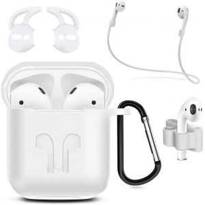FUIW-&Eacute;tui &Eacute;couteurs En Silicone Pour Airpods 1/2 Housse De Protection 6En1 Avec Corde Anti-Perte,Boucle Anti-Pendaison Et Manchon Bouchon D'Oreille (Blanc) - Neuf