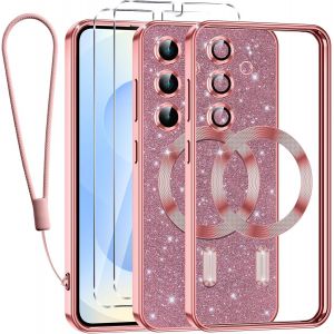 SJZG-Glitter Magn&eacute;tique Pour Samsung Galaxy S25 5G Con Cordon, [Compatible Avec Magsafe] Antichoc Brillant Paillet&eacute; Housse Transparent Souple Coque Pour Samsung S25 Avec 2 Verre Tremp&eacute; &Eacute;tui, Rose - Neuf