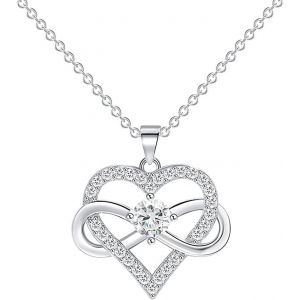 Kal-Collier Pendentif Femme, Argent Collier Coeur Infini En Strass, Collier En Y El&eacute;gant Bijoux Femme Cadeau Pour Femme Fille Ado Maman, Cadeau De Saint-Valentin (Argent/Or Rose) - Neuf