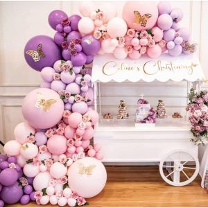 SJZG-Kit Arche Ballon Rose Et Violet,180 Ballons Avec Autocollants Papillons Pastel, D&eacute;cor De F&ecirc;te Pr&eacute;natale, Ballons Violet Rose Pour F&ecirc;te D'Anniversaire De Fille, Baby Shower, Douche De B&eacute;b&eacute;, Fian&ccedil; - Neuf