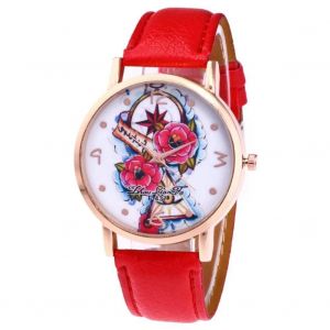Zhoulianfa &Agrave; La Mode Rose Motif Femme Montre Pu En Cuir Bracelet Montre-Bracelet Rouge - Neuf
