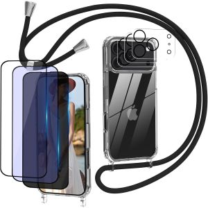 7 in 1 Coque avec Cordon pour iPhone 17 Pro avec 3 Verre Tremp&eacute; [HD+Anti-Lumi&egrave;re Bleue+Confidentialit&eacute;][3 Cam&eacute;ra Protecteur],Transparente Anti-Jaunissement Antichoc Protection Compl&egrave;te Cover - Neuf