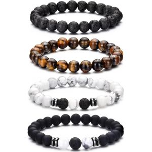 Kalanka-Bracelet Oeil De Tigre Homme 8mm Bracelet Pierre Naturelle Homme Ensemble De Bracelets Réglables Et Extensibles En Pierre De Lave Pour Hommes Bracelets De Perles Cadeaux Pour Père Petit Ami - Neuf