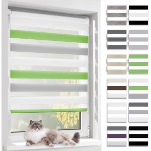 Store Enrouleur Jour Nuit, Tissu Double, Rideau Sans Perçage, Translucide Occultant Et Protection Vie Privée,Pour Fenêtre Et Porte,Vert-Gris-Blanc,95l X 140l Cm - Neuf