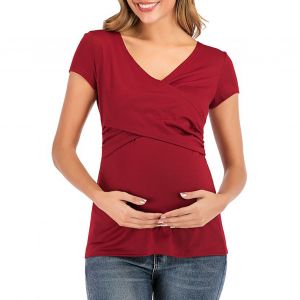 Haut De Maternite A Manches Courtes, Col En V Profond, Ourlet Croise, Confortable, Doux Et Respirant, Pour Femmes Enceintes, Couleur Rouge Vin, Taille Xl - Neuf