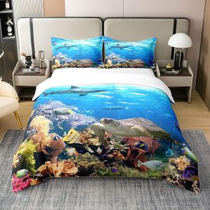 Sjzg-Housse De Couette Tortue De Mer Coton, Ensemble De Literie Requin, Parure De Lit Animaux Oc&eacute;aniques Poissons, Housse Couette Tortue Arc-En-Ciel Corail, Home Textiles Literie, 140x200 - Neuf
