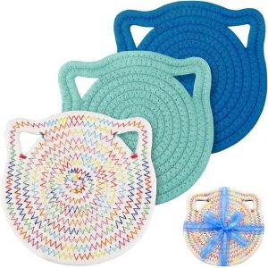 Eryi-3 Set De Table Rond Tressé Lin Coton Lavable, Couleur Set De Table Enfant Forme De Chat Mignon, Épais 0,8cm Nature Tapis De Table Résistant À La Chaleur (18cm, Bleu, Vert, Multicolore) - Neuf