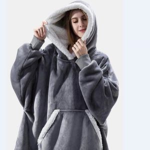 Couverture À Capuche Surdimensionnée En Velours D'agneau (Gris) - Neuf