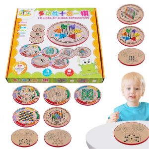 Jeu De Dames Et D'&eacute;checs 10 En 1, Jouet Multifonctionnel En Bois - Neuf