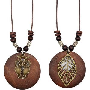 Collier Pendentif En Bois Avec Breloques En Forme De Feuille De Hibou, Long Collier En Corde De Cire, Bijoux Faits À La Main, Cadeau Pour Femme, 2 Pièces - Neuf