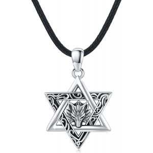 Collier En Argent Sterling Avec Pendentif En Forme D'étoile De David Et Tête De Loup,Bijou Pour Homme Et Femme,Argent Sterling,Pas De Gemme - Neuf