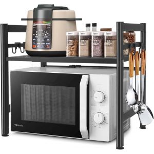 Jexnovashop-Tag&egrave;res Micro-Ondes De Cuisine Support Pour Four &Agrave; Micro-Ondes Four Micro-Ondes &Eacute;tag&egrave;re &Agrave; Micro-Ondes Extensible De Cuisine Avec 6 Crochets Suspendus Organisateur Rangement (Noir) - Neuf