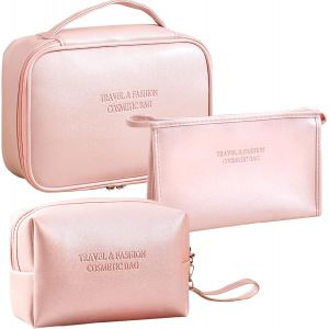 KALANKA-3 Pièces Trousse Maquillage Femme Trousse de Toilette Voyage Vanity Maquillage Makeup Bag de Voyage Portable Trousse a Maquillage Imperméable (Rose) - Neuf