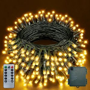 Jgd-Guirlande Lumineuse &Agrave; Piles, 10 M, 100 Led, Pour L'ext&eacute;rieur Et L'int&eacute;rieur, Avec Minuterie, T&eacute;l&eacute;commande, 8 Modes D'&eacute;clairage De No&euml;l, C&acirc;ble Vert, Pour D&eacute;coration De No&euml;l, Jardin, F&ecirc;te, Blanc - Neuf