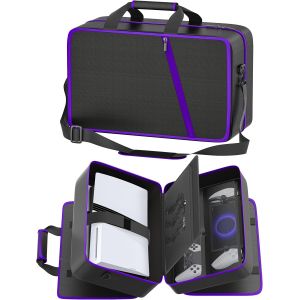 Sacoche de Transport PS5 Compatible avec PS-5/Slim/Pro Digital & Disc, Valise de Voyage PS5 Contenant une PS Portal, 4 Cartes de Jeu, 2 Manettes, Sac de Protection de Accessoire (Noir & Violette) - Neuf