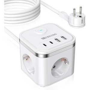 Cube multiprise 7 en 1 avec c&acirc;ble de 2 m, 2 USB-A et 2 USB-C, multiprise cube 3 prises avec interrupteur, prise plate avec anneau de traction pour la maison/le bureau/les voyages, blanc - Neuf