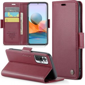 Kal-Coque Pour Xiaomi Redmi Note 10 Pro 4g+ 2 Pièces Verre Trempé,Antivol,Prend En Charge Le Chargement Sans Fil, Pochette Fermeture Magnétique Flip Case-Bourgogne - Neuf