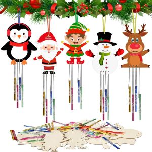 KALANKA-10pcs Noël Carillons Bricolage pour Enfant Carillon à Fabriquer en Bois Carillon à Peindre Père Noël Renne Loisir Créatif Fille Garçon Carillon à Vent Fête Anniversaire - Neuf